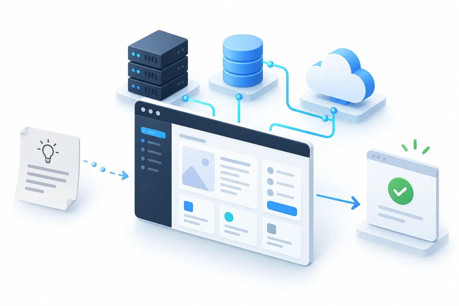 業務要件からWeb画面、API、データベース、クラウド運用までを一体で構築する概念図